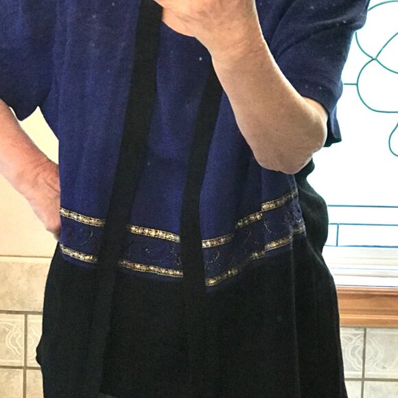 Vintage Blazer Tunic: 80s Blue & Black Jacket with Gold Trim, Plus Size 22WP - Picture 8 of 11